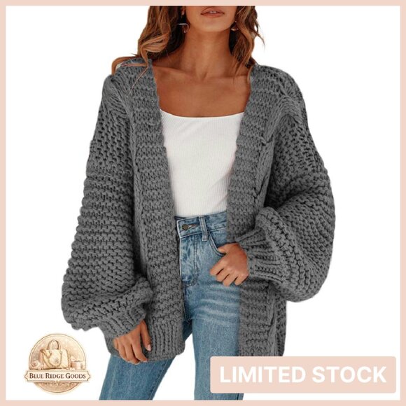 Oversized Chunky Knit Cardigan Open Front Lantern Sleeve Sweater Cozy Chic